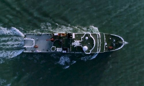 Birds-eye-view of Chinese research ship sailing through ocean