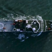 Birds-eye-view of Chinese research ship sailing through ocean